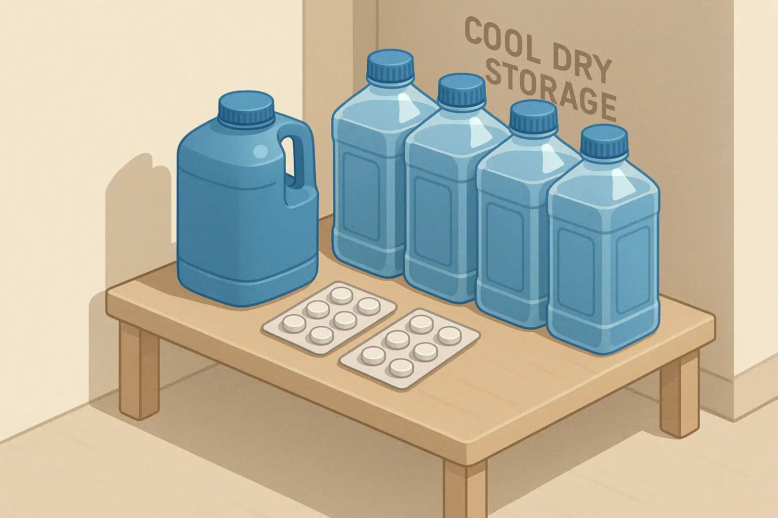 Emergency water kit with purification tablets stored on a shelf