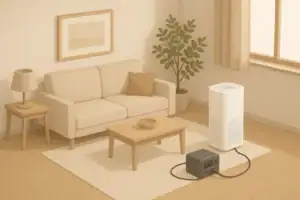 Air purifier connected to a small backup battery in a living room