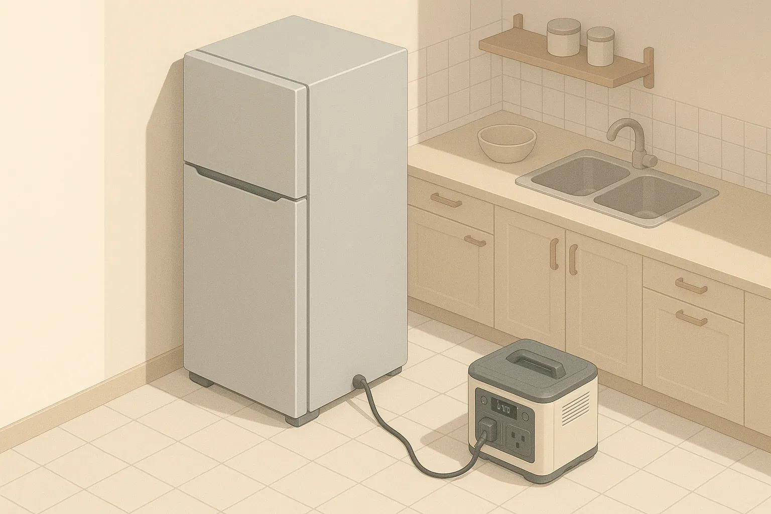 Refrigerator connected to a compact home backup power source
