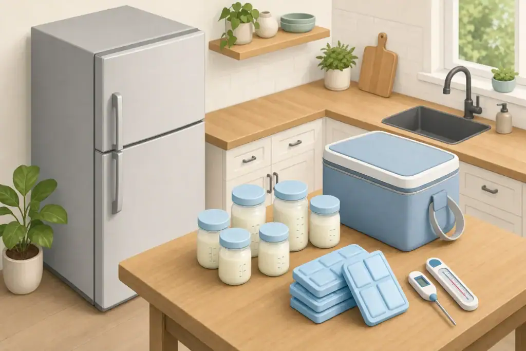 Cooler, frozen packs, and thermometers prepared for breast milk storage during an outage