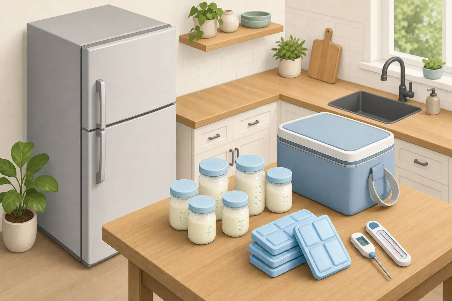 Cooler, frozen packs, and thermometers prepared for breast milk storage during an outage
