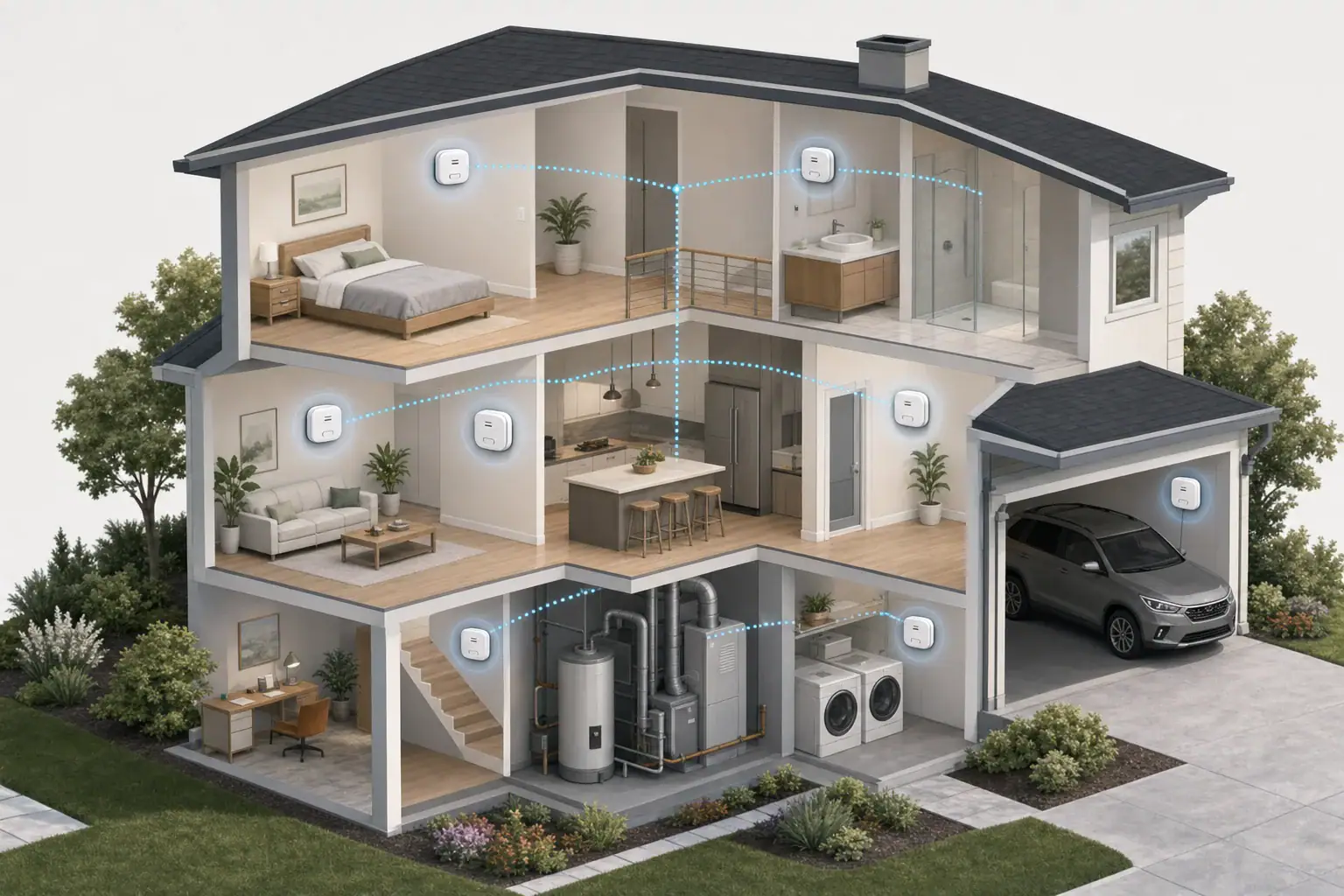 Home cutaway showing battery, plug-in, hardwired, and interconnected carbon monoxide alarm options