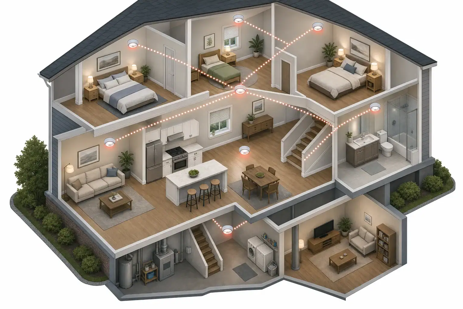 Isometric home showing interconnected residential smoke alarms across several rooms