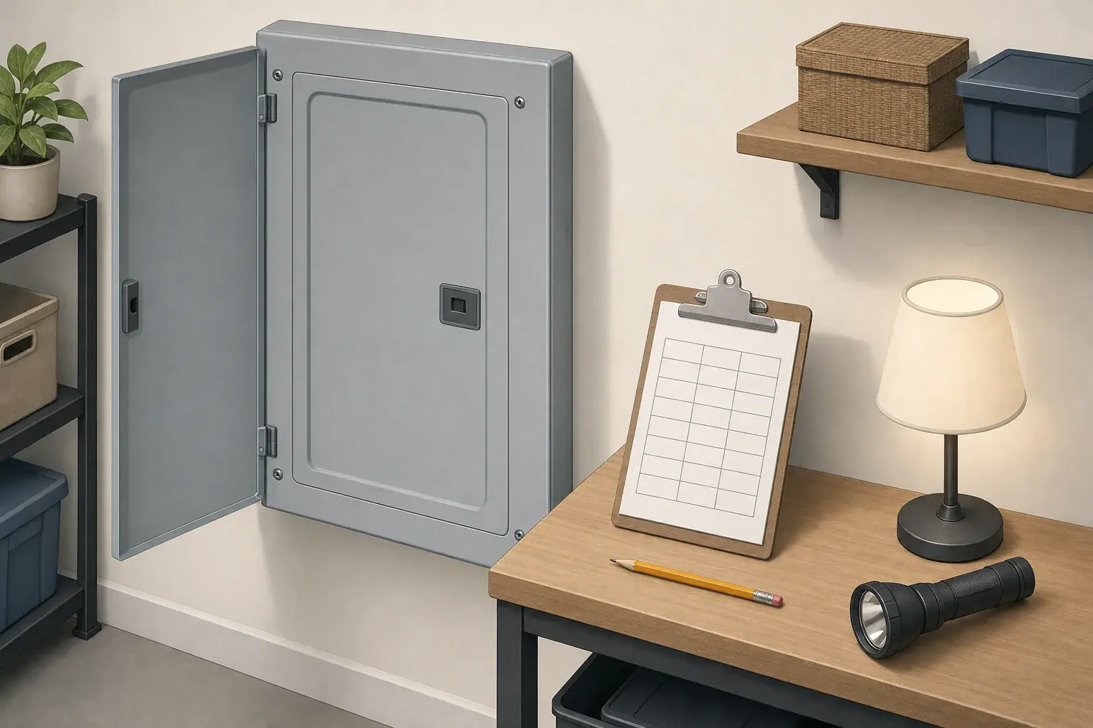 Circuit mapping supplies beside a covered household electrical panel
