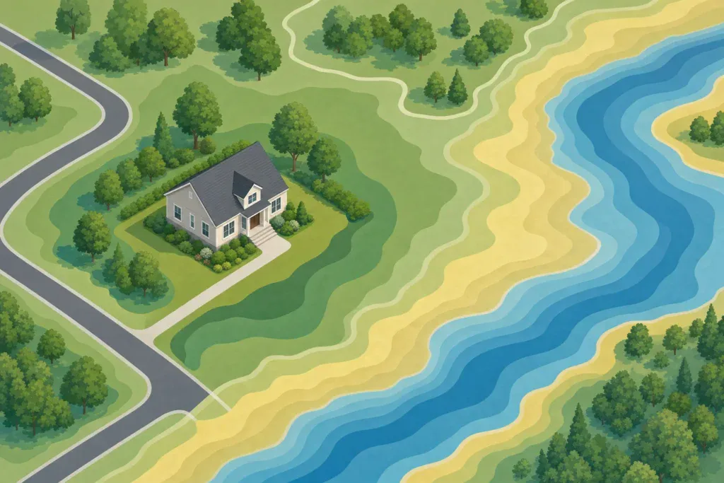 House on map-inspired terrain beside a river floodplain