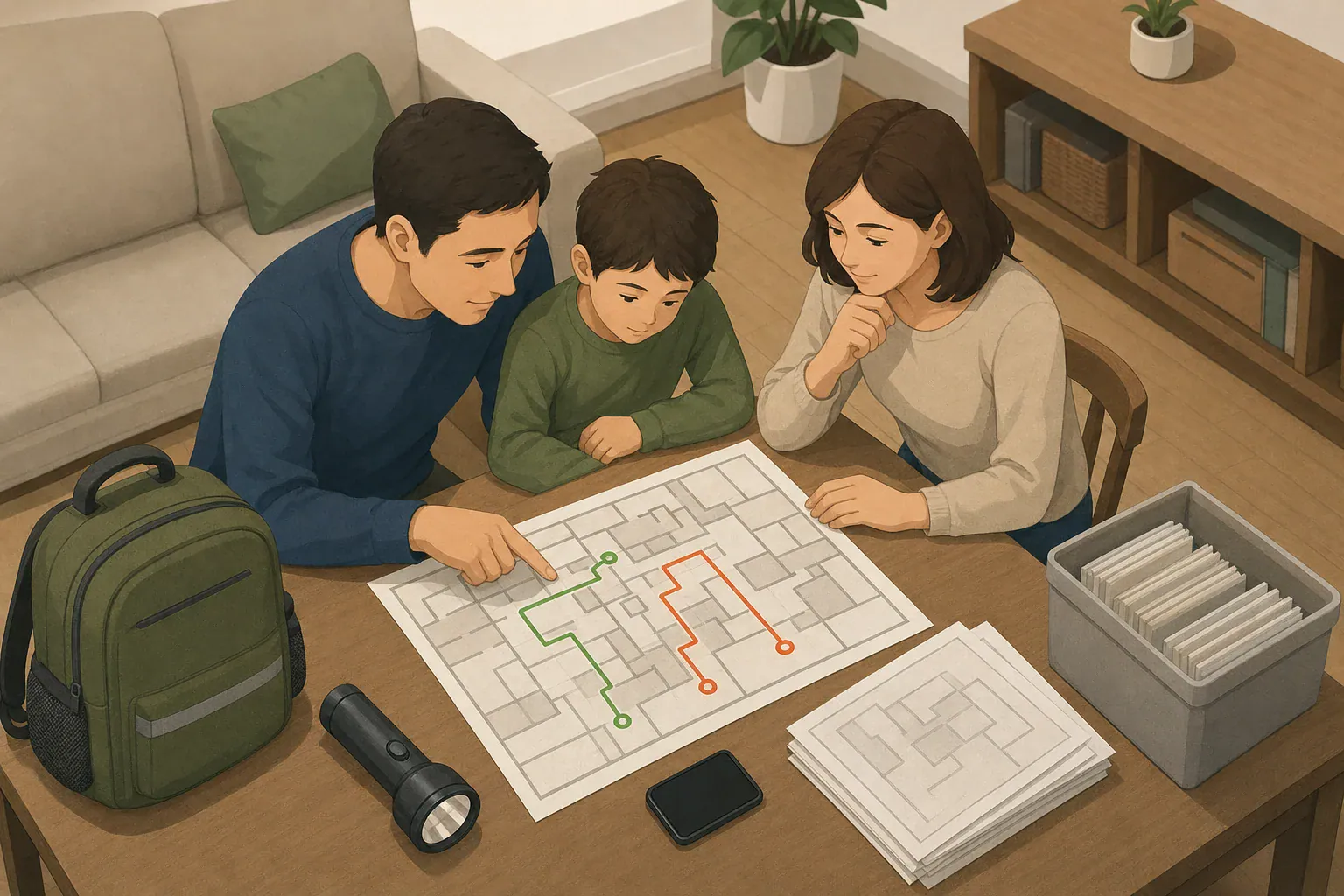 Household reviewing a printed local evacuation map with offline emergency supplies
