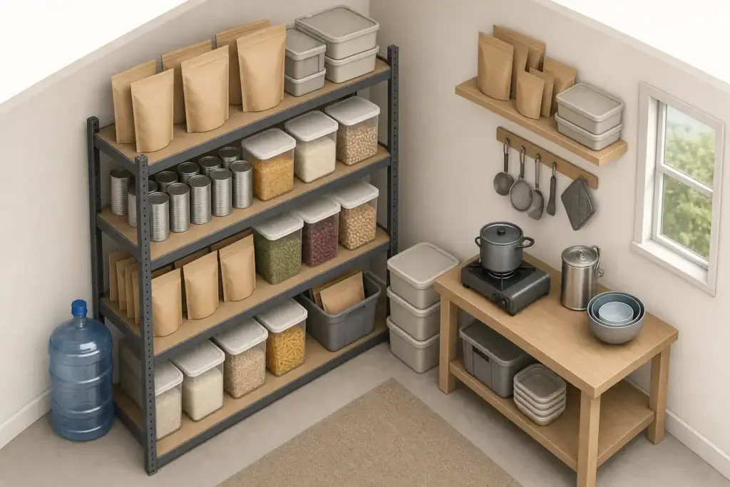 Emergency pantry with sealed pouches, cans, dry food, water, and preparation equipment