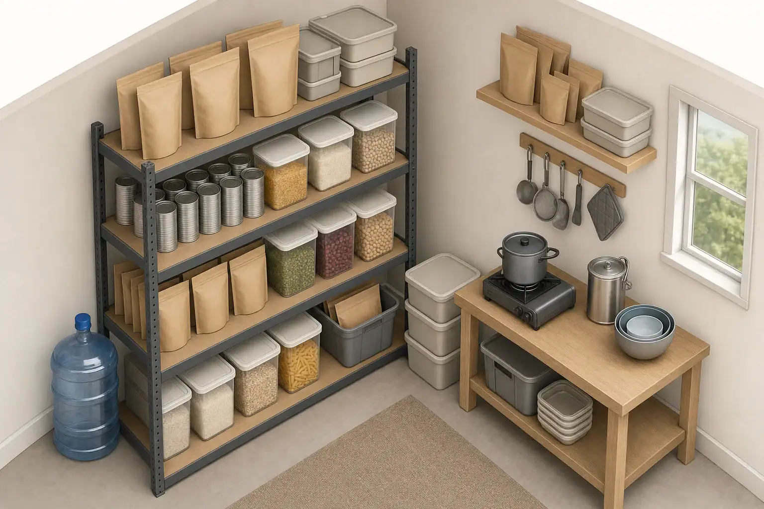 Emergency pantry with sealed pouches, cans, dry food, water, and preparation equipment