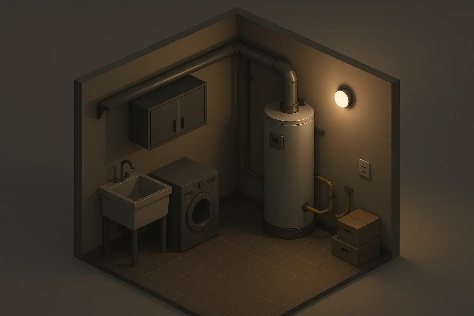 Gas water heater in a home utility room during a power outage