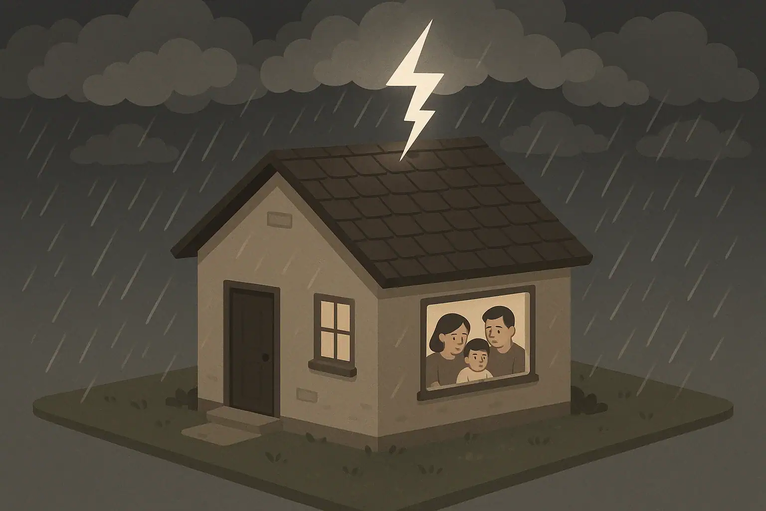 Family inside a house staying safe during a lightning storm