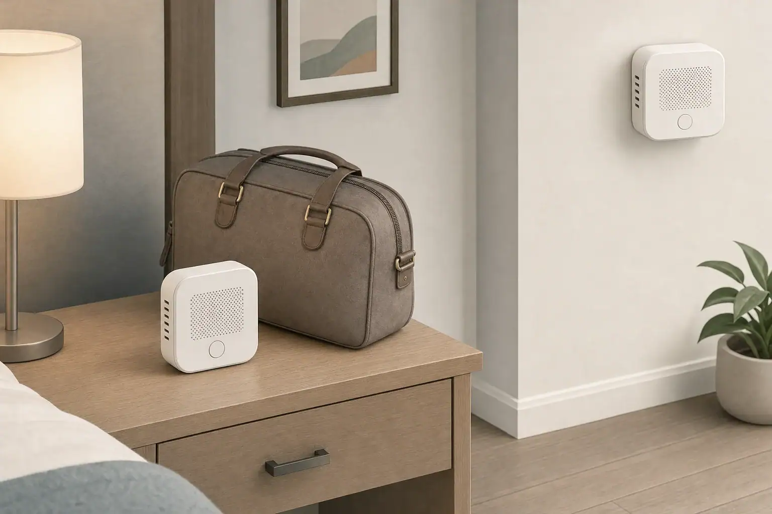 Portable carbon monoxide alarm on a lodging nightstand beside a travel bag