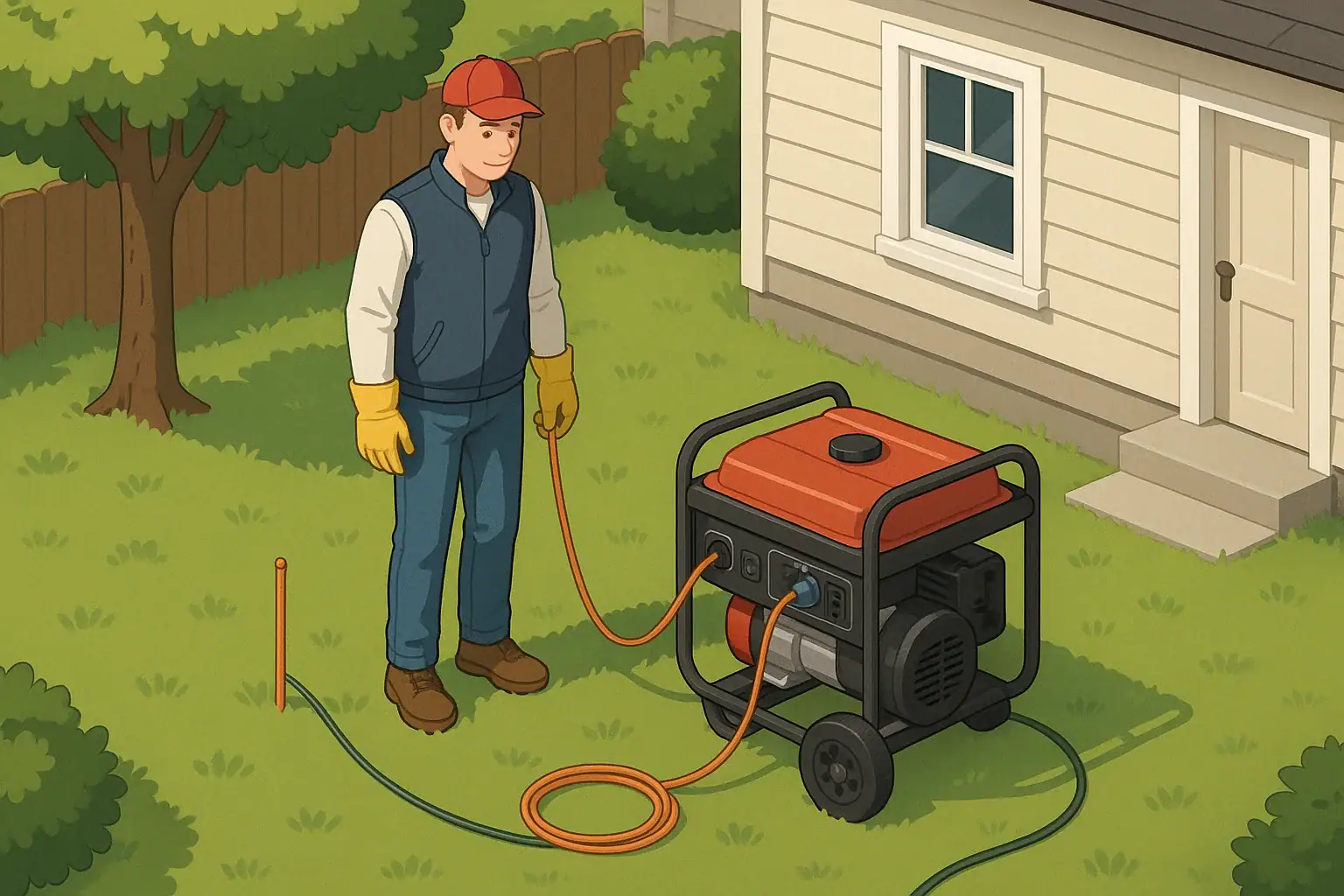 Homeowner using a portable generator outdoors with safe grounding