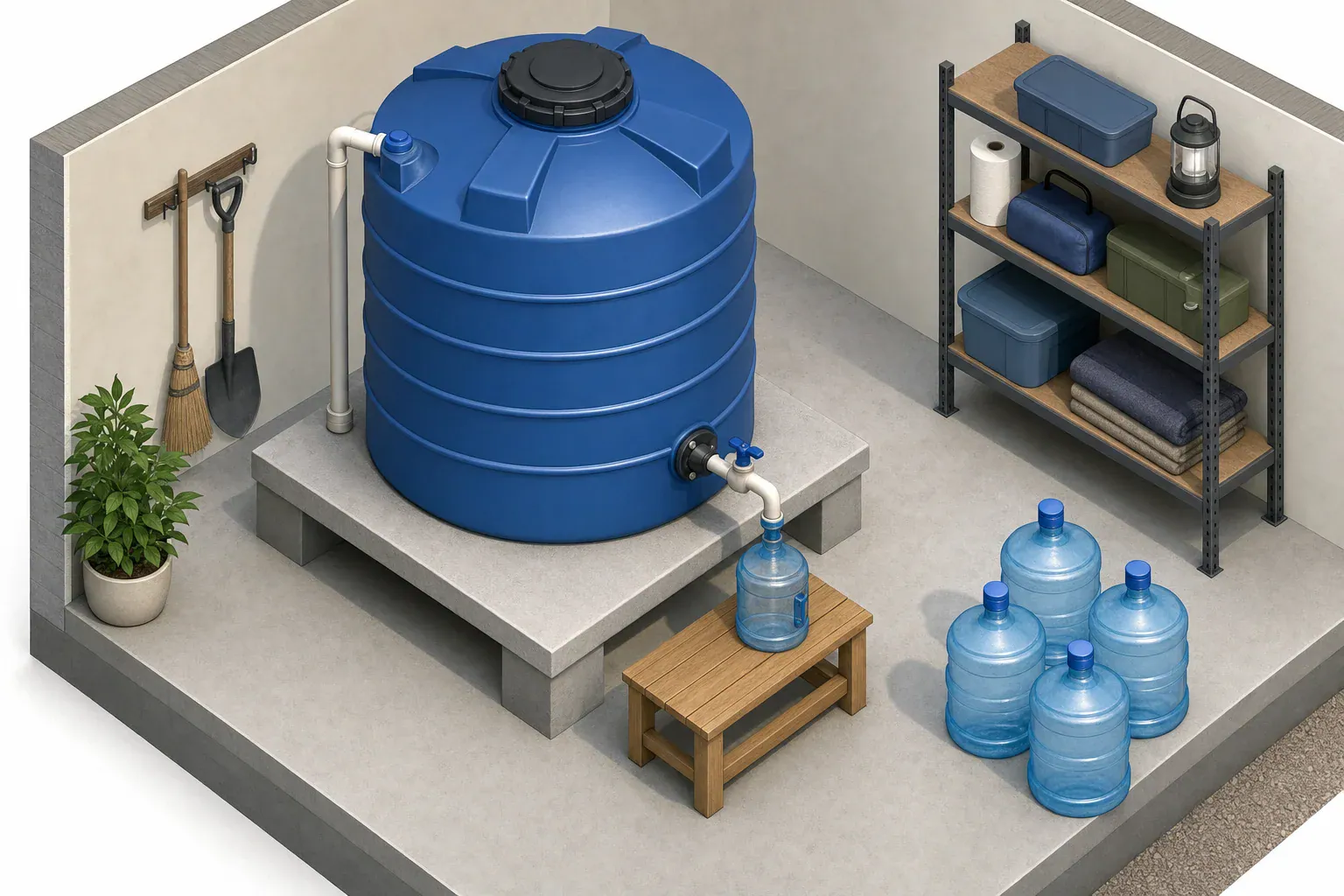 Emergency potable-water tank on a level supported base with accessible outlet and portable jugs nearby