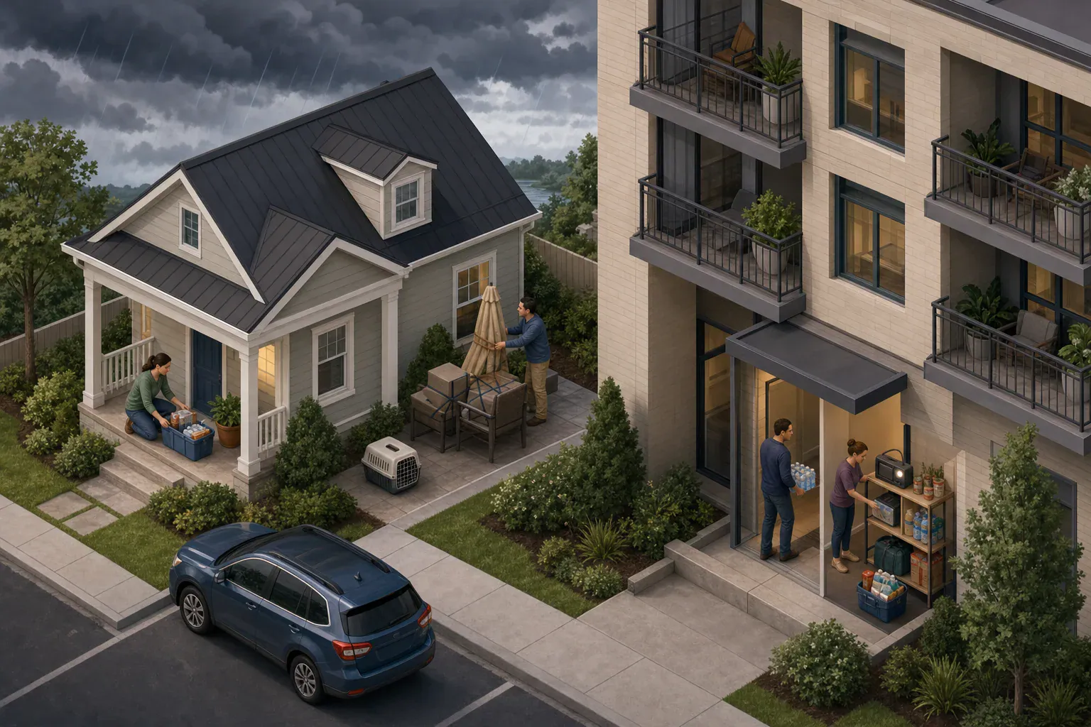 House and apartment households calmly preparing for disruptive weather